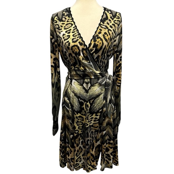Hale Bob Animal Print Long Sleeve Faux Wrap Dress Women’s Medium - Picture 6 of 12